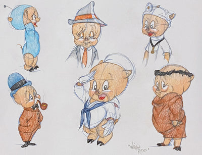 Original Warner Brothers Virgil Ross Model Sheet Animation Drawing featuring Porky Pig