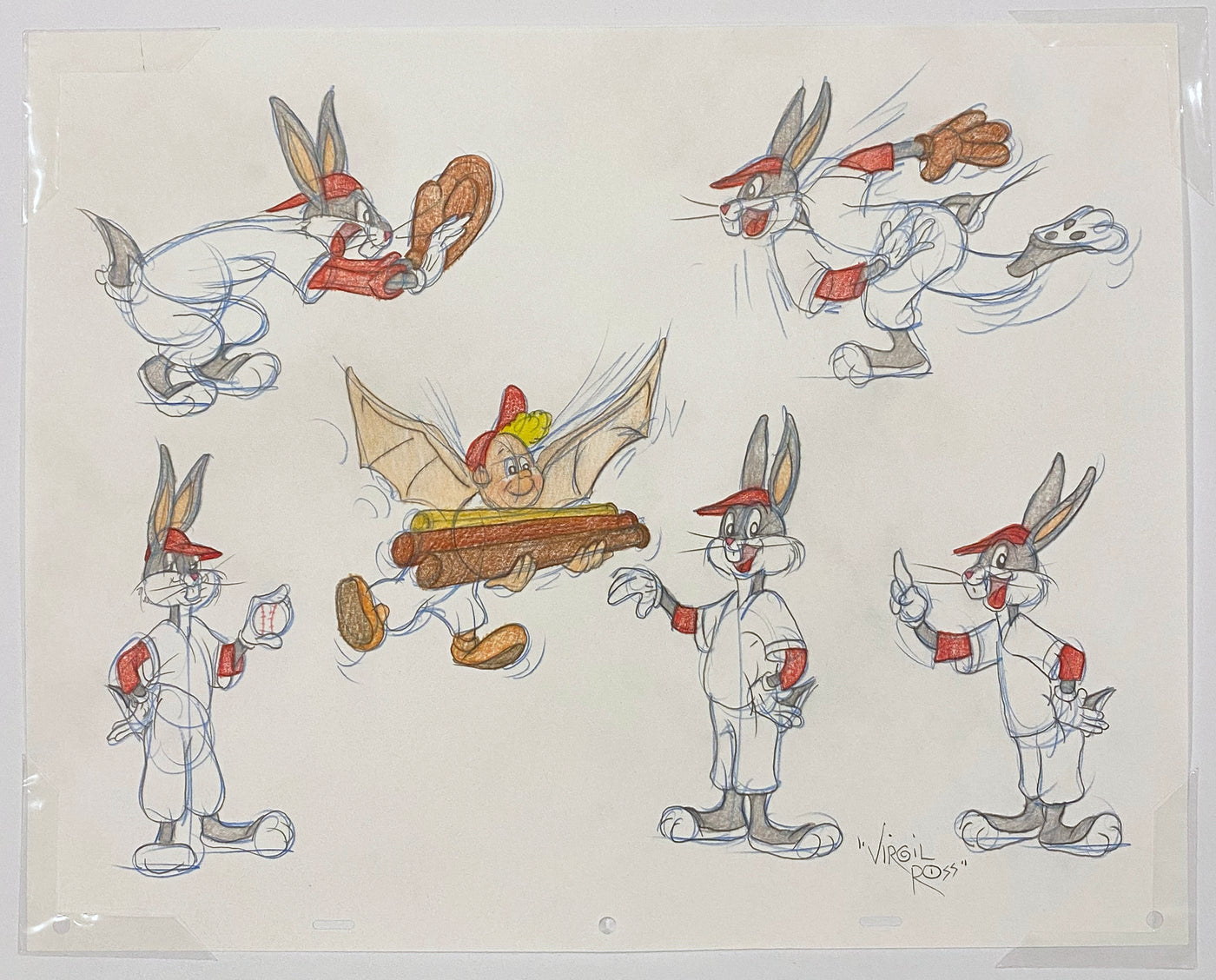 Original Warner Brothers Virgil Ross Model Sheet Animation Drawing featuring Bugs Bunny and Bat-boy