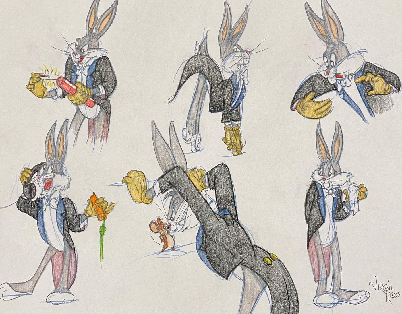 Original Warner Brothers Virgil Ross Model Sheet Animation Drawing featuring Bugs Bunny and Mouse