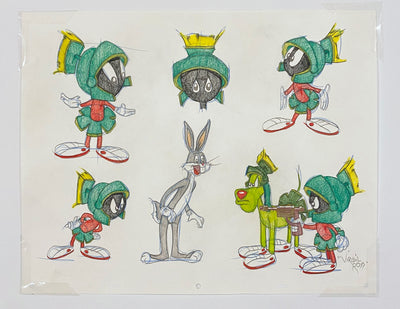 Original Warner Brothers Virgil Ross Model Sheet Animation Drawing featuring Marvin the Martian, Bugs Bunny, and K-9