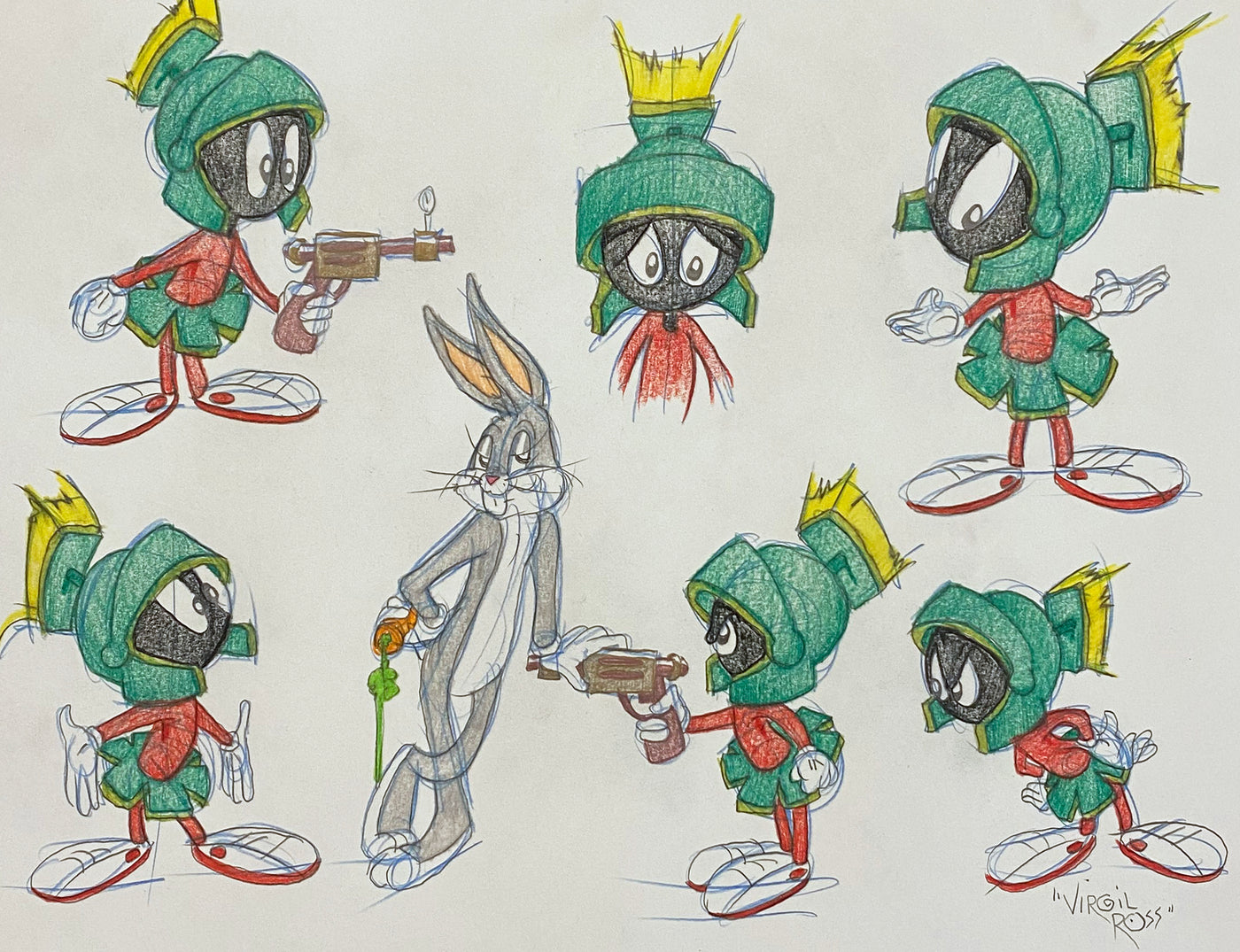Original Warner Brothers Virgil Ross Model Sheet Animation Drawing featuring Marvin the Martian and Bugs Bunny