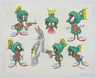 Original Warner Brothers Virgil Ross Model Sheet Animation Drawing featuring Marvin the Martian and Bugs Bunny