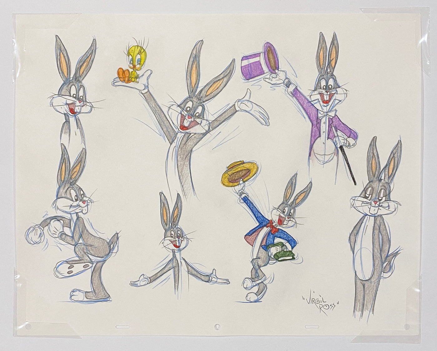 Original Warner Brothers Virgil Ross Model Sheet Animation Drawing featuring Bugs Bunny and Tweety Bird