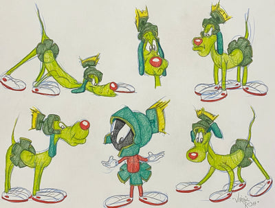 Original Warner Brothers Virgil Ross Model Sheet Animation Drawing featuring K-9 and Marvin the Martian