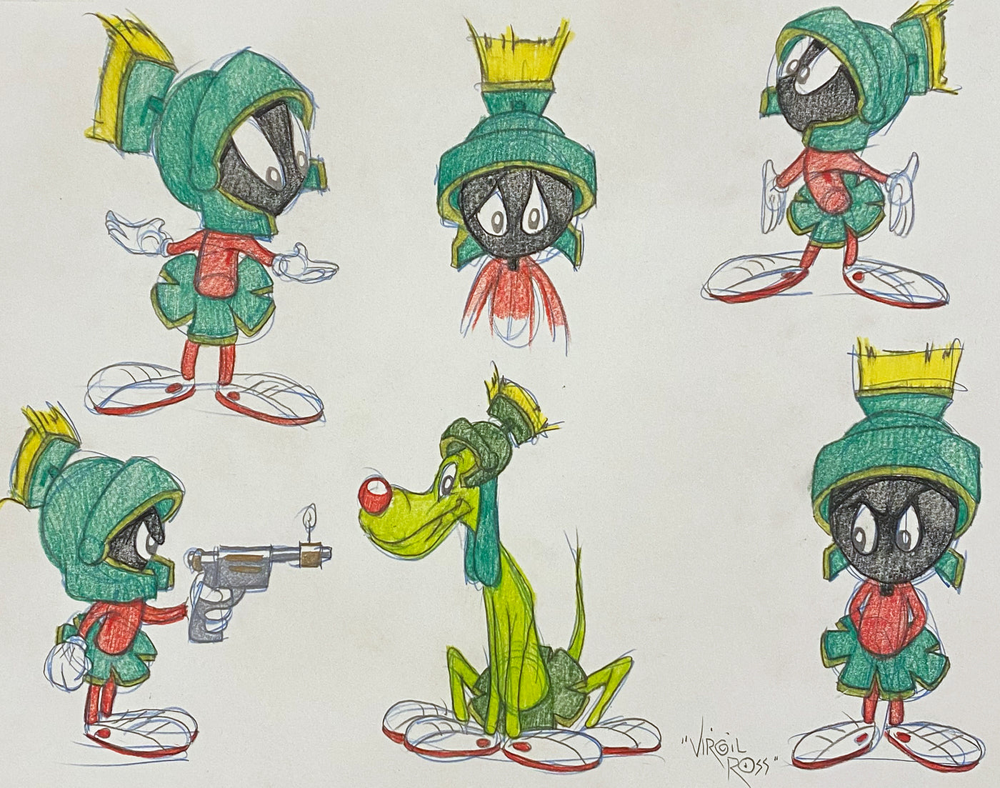 Original Warner Brothers Virgil Ross Model Sheet Animation Drawing featuring K-9 and Marvin the Martian