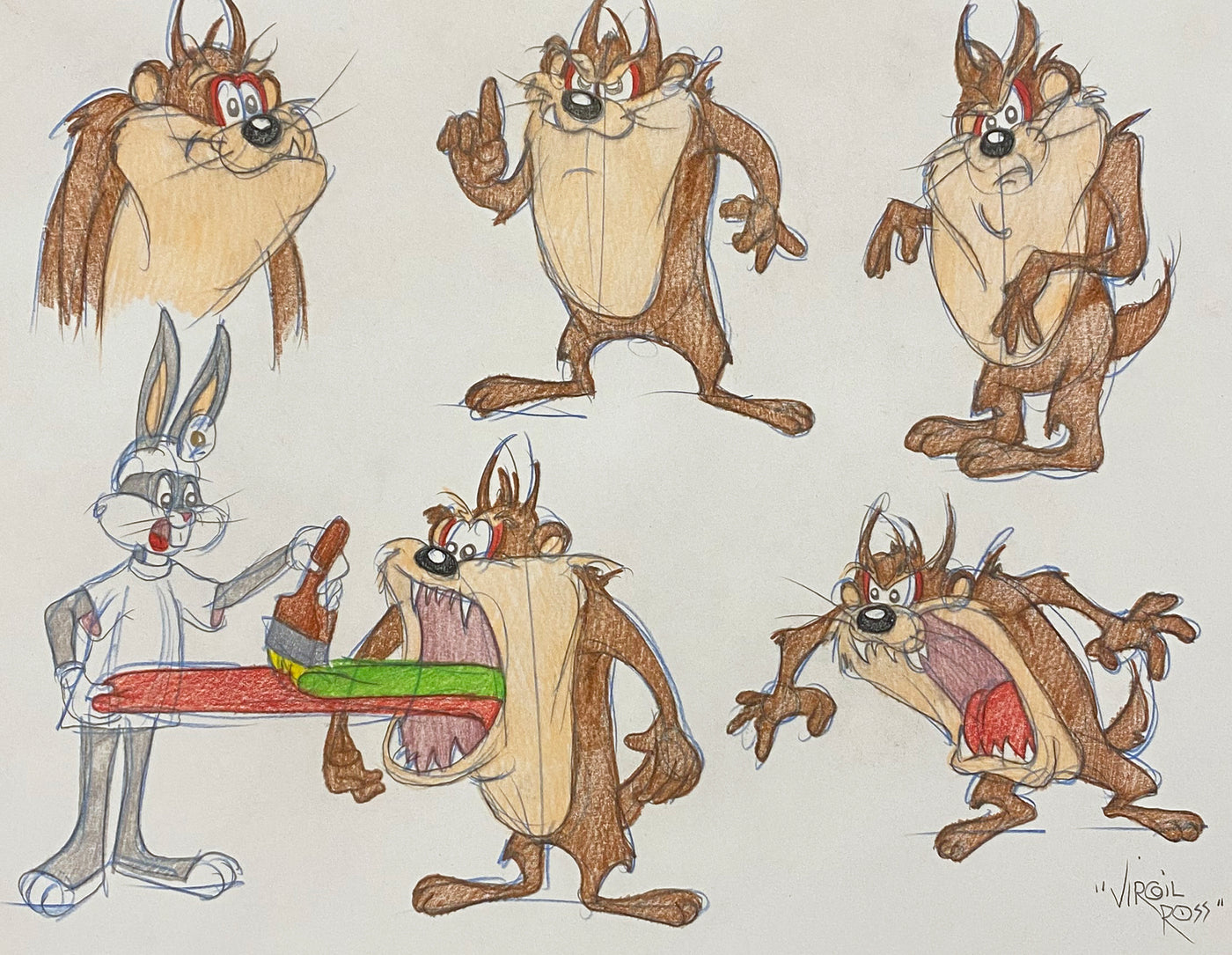 Original Warner Brothers Virgil Ross Model Sheet Animation Drawing featuring the Tasmanian Devil and Bugs Bunny