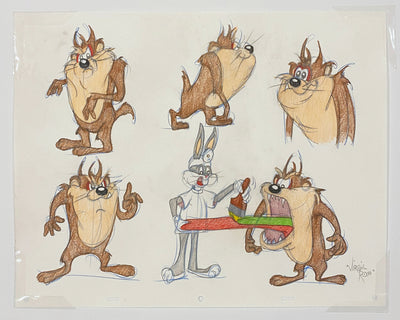 Original Warner Brothers Virgil Ross Model Sheet Animation Drawing featuring the Tasmanian Devil and Bugs Bunny