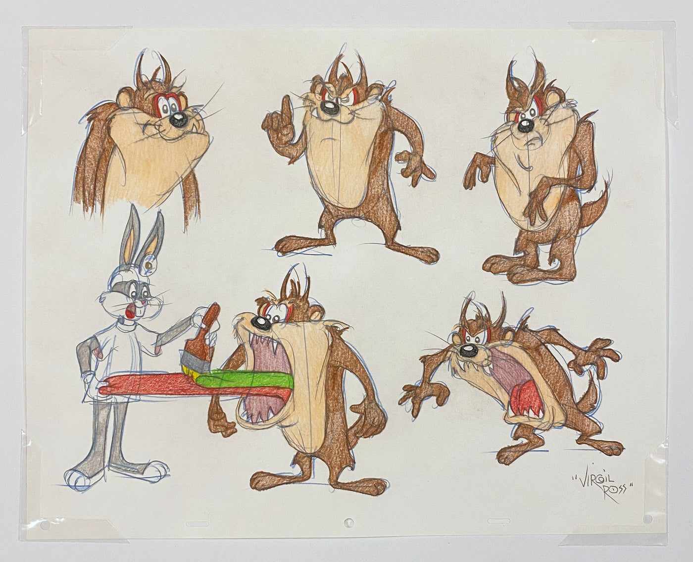 Original Warner Brothers Virgil Ross Model Sheet Animation Drawing featuring the Tasmanian Devil and Bugs Bunny