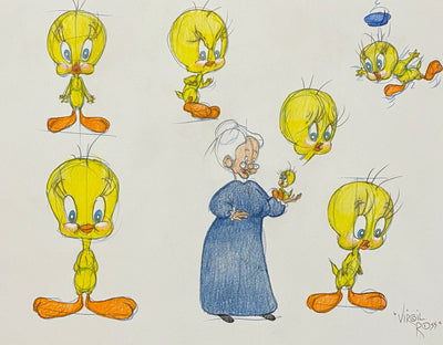Original Warner Brothers Virgil Ross Model Sheet Animation Drawing featuring Tweety Bird and Granny