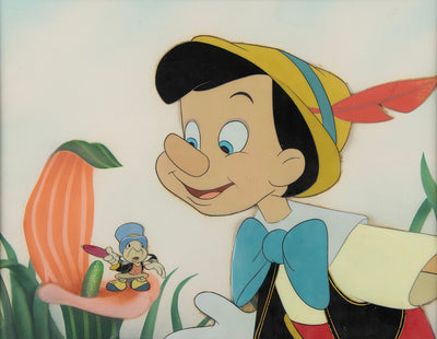Original Walt Disney Production Cel on Courvoisier Background from Pinocchio featuring Pinocchio and Jiminy Cricket