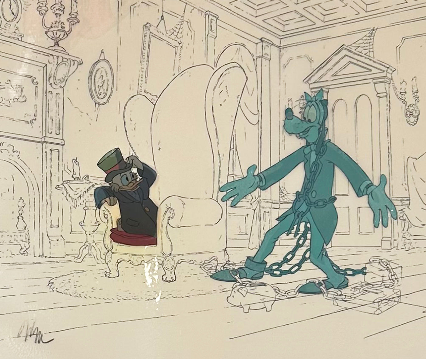 Original Walt Disney Production Cel from Mickey's Christmas Carol featuring Scrooge McDuck and Goofy