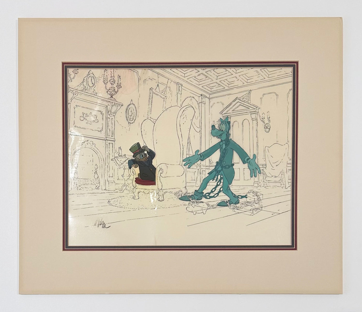 Original Walt Disney Production Cel from Mickey's Christmas Carol featuring Scrooge McDuck and Goofy