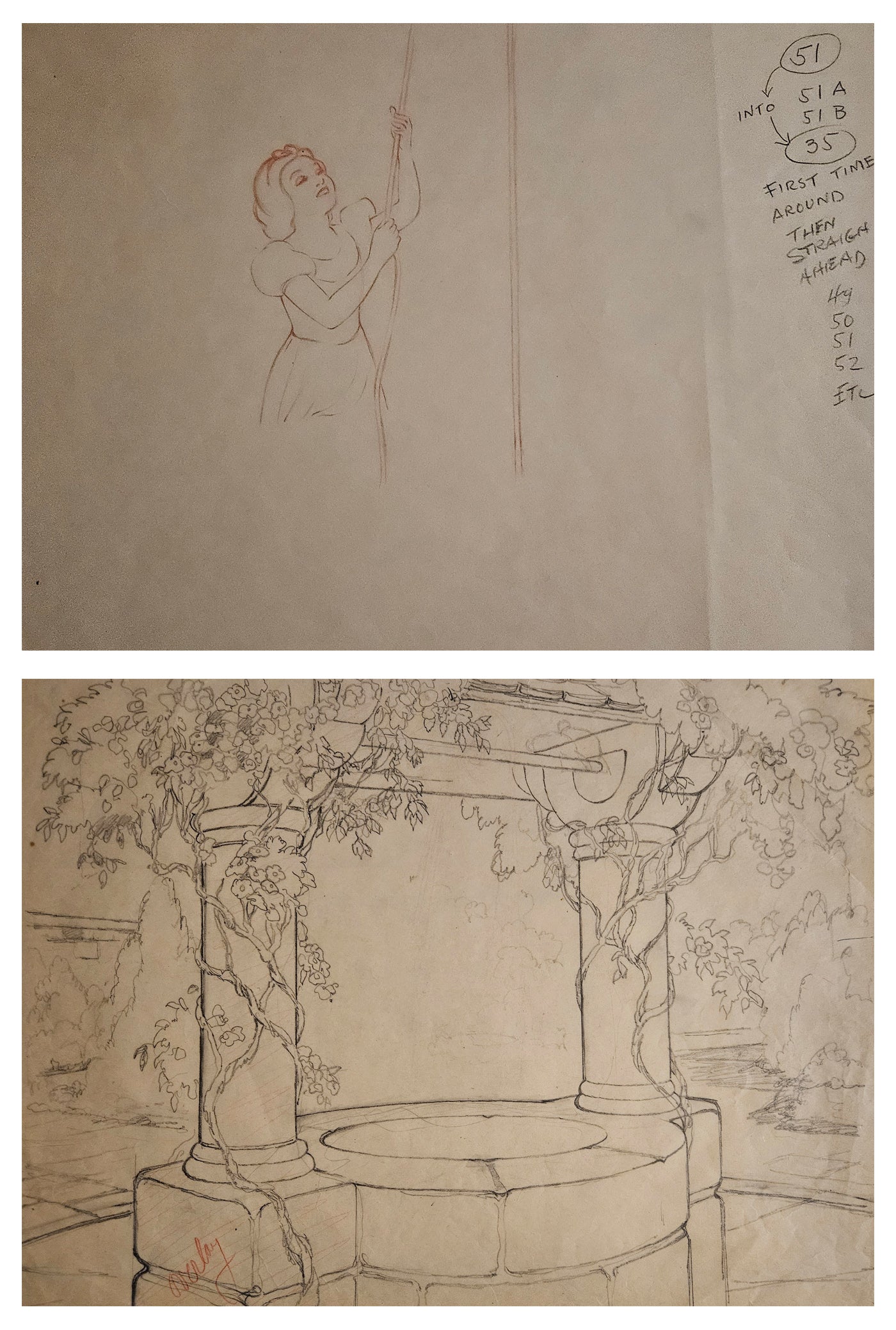 Original Walt Disney Set of 2 Production Drawings from Snow White and the Seven Dwarfs