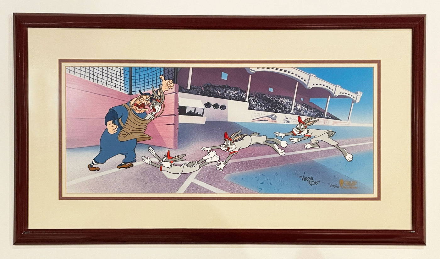 Original Warner Brothers Limited Edition Cel "Yer' Out" featuring Bugs Bunny and Umpire Signed by Virgil Ross