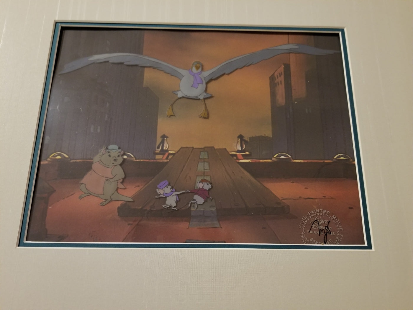Original Walt Disney Production Cel from The Rescuers featuring Bernard, Bianca, Orville and others