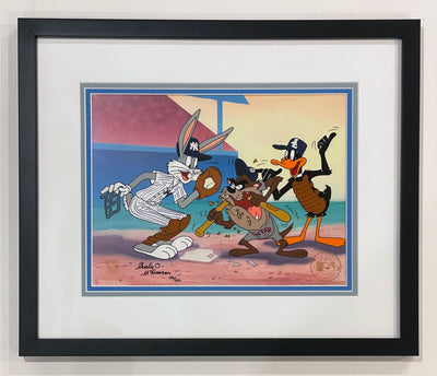 Original Warner Brothers Limited Edition Cel "Yer' Out" featuring Bugs Bunny, Daffy Duck and Tasmanian Devil Signed by Charles McKimson