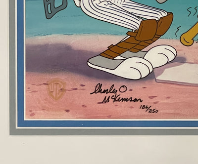 Original Warner Brothers Limited Edition Cel "Yer' Out" featuring Bugs Bunny, Daffy Duck and Tasmanian Devil Signed by Charles McKimson