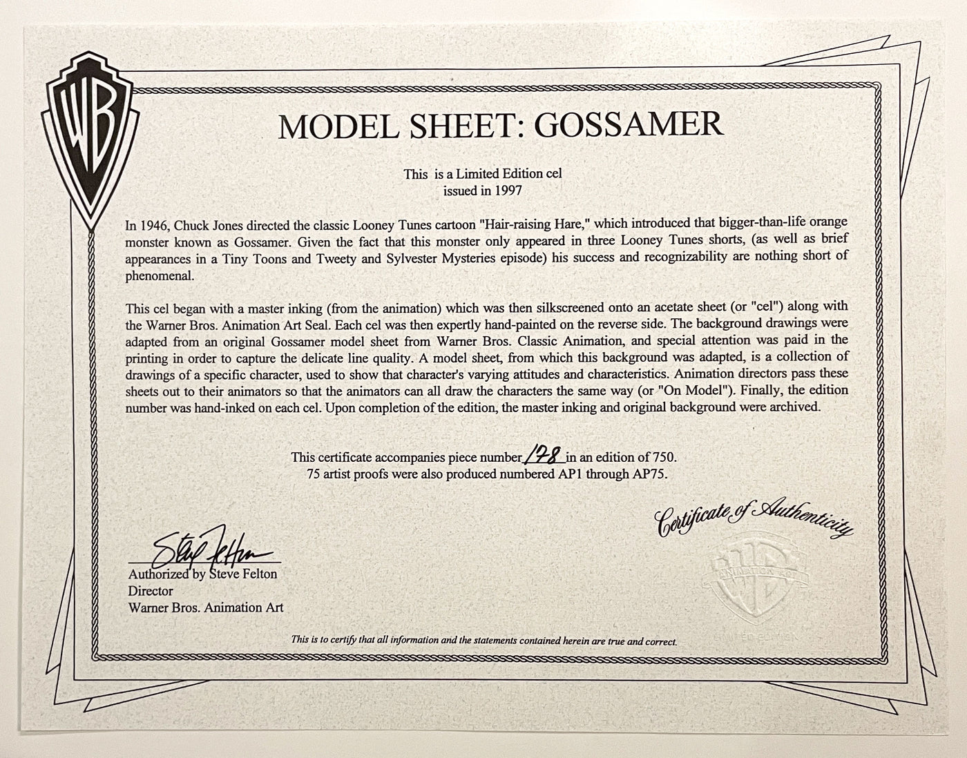 Original Warner Brothers Limited Edition Model Cel Featuring Gossamer