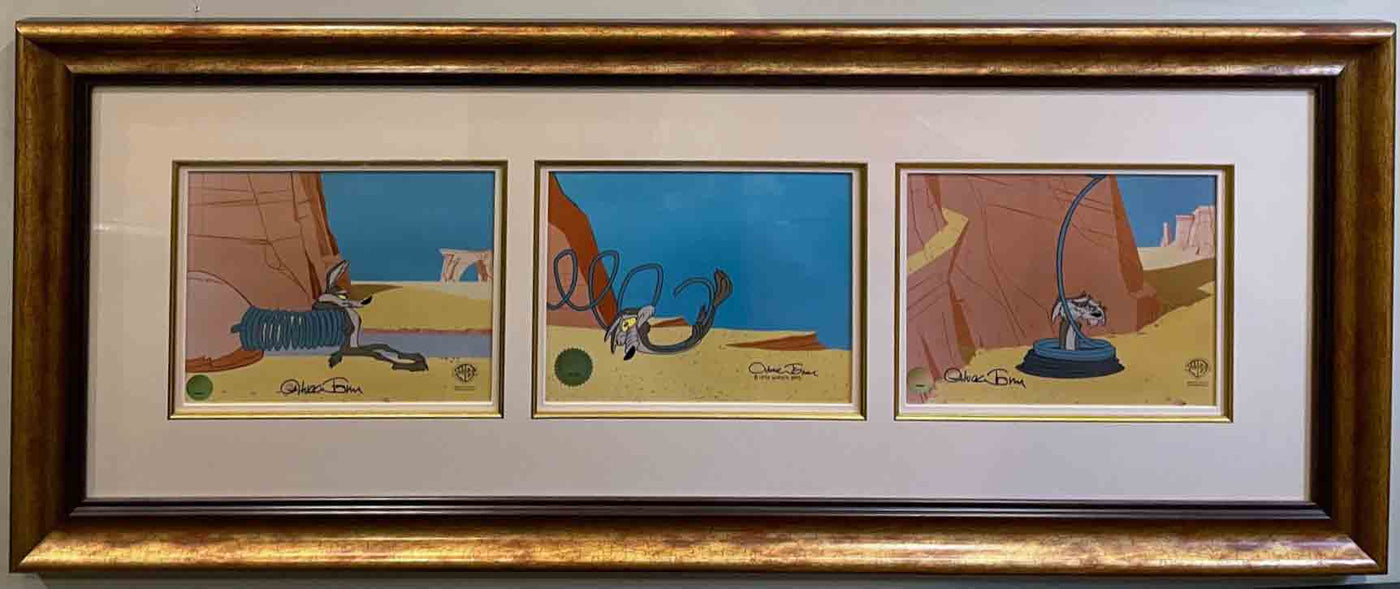 3 Original Warner Brothers Production Cels on Color Copy Backgrounds from Chariots of Fur (1994) featuring Wile E. Coyote