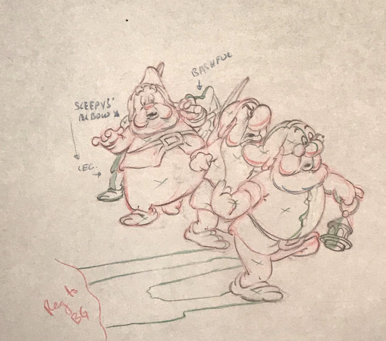 Original Walt Disney Production Drawing Featuring Doc, Grumpy and Happy