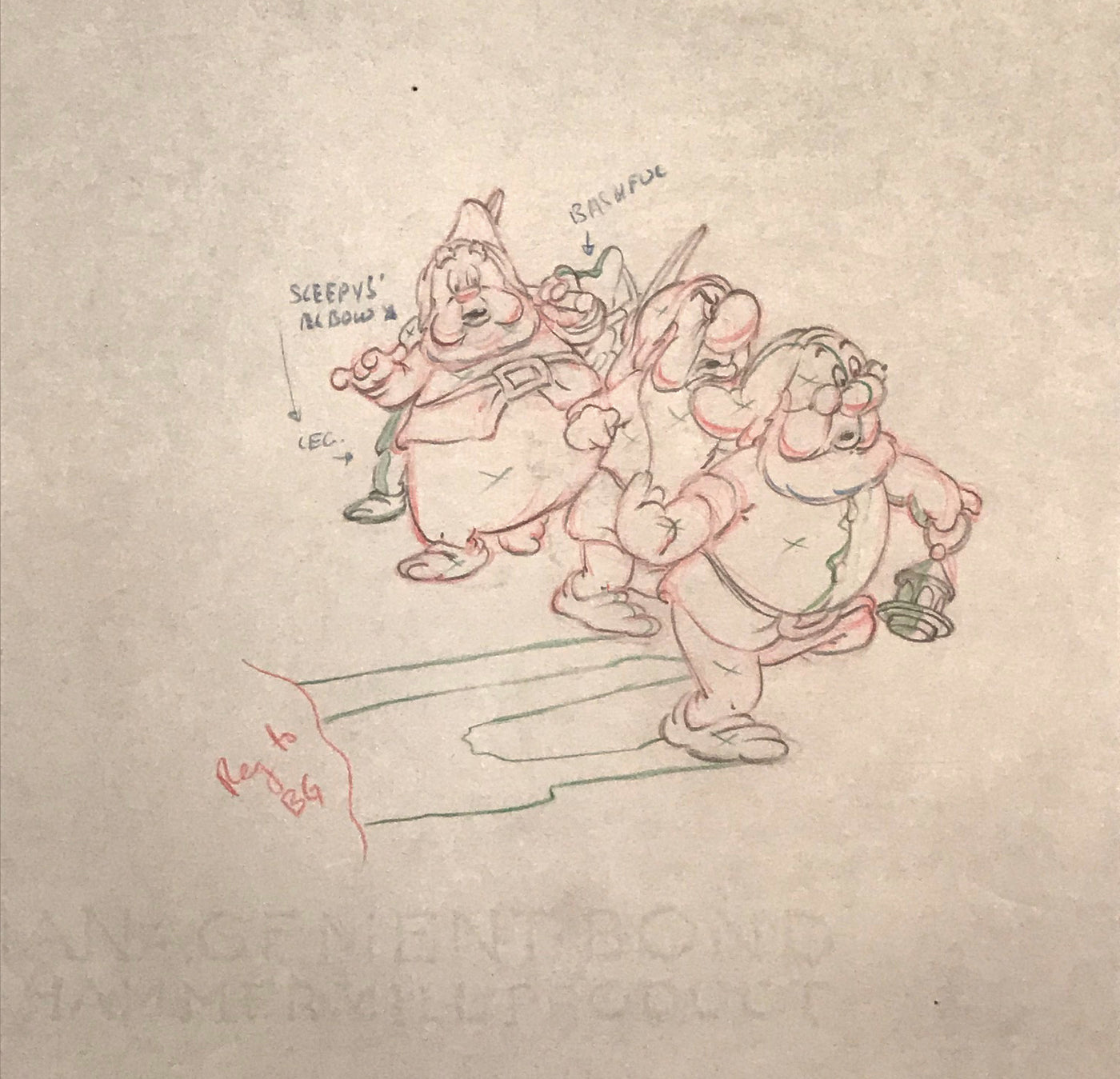 Original Walt Disney Production Drawing Featuring Doc, Grumpy and Happy