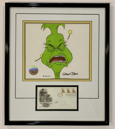 Original Signed Chuck Jones How the Grinch Stole Christmas Production Cel of The Grinch with Card Signed by Dr. Seuss