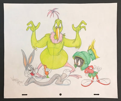 Warner Brothers Virgil Ross Animation Drawing of Bugs Bunny, Instant Martian, and Marvin the Martian