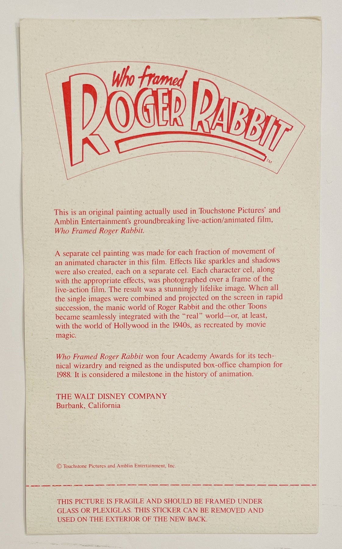 Original Walt Disney Production Cel from Who Framed Roger Rabbit ...