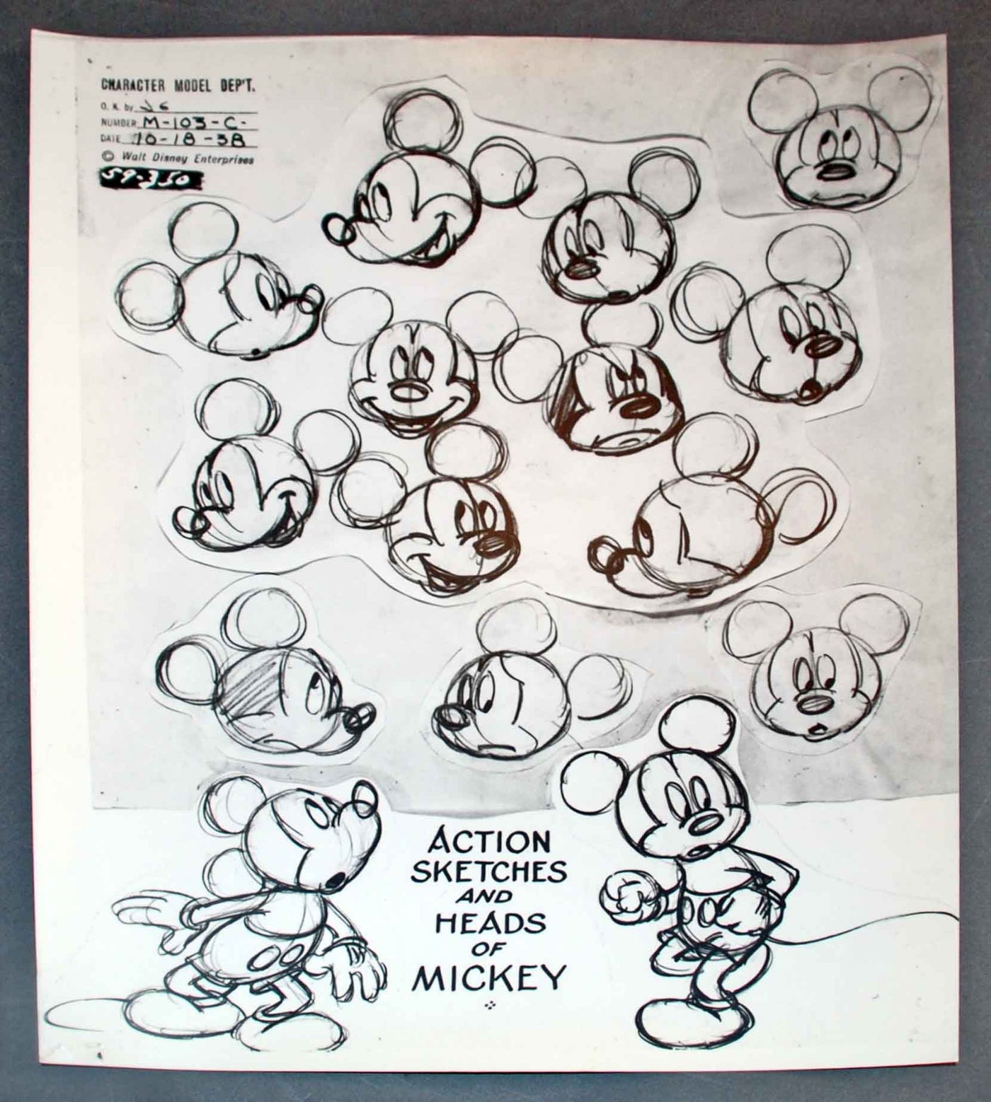 Original Walt Disney Model Sheet Mickey Mouse Action Sketches and Heads