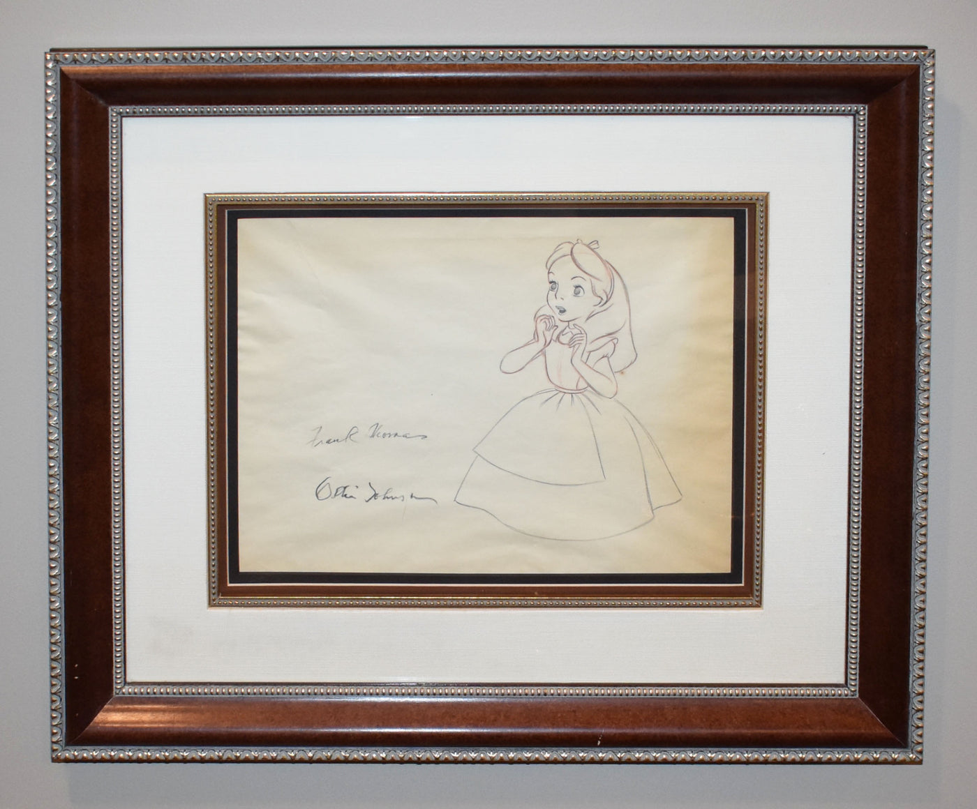 Original Alice In Wonderland Production Drawing featuring Alice, Signed by Frank Thomas and Ollie Johnston