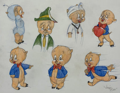 Original Warner Brothers Virgil Ross Model Sheet Animation Drawing featuring Porky Pig
