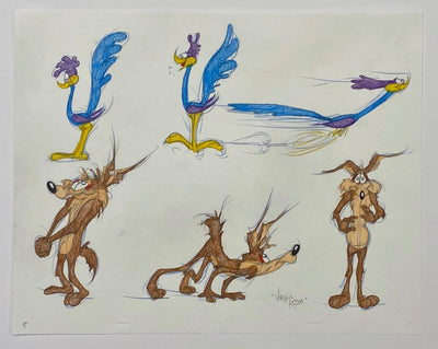 Original Warner Brothers Virgil Ross Model Sheet Animation Drawing featuring Road Runner and Wile E. Coyote