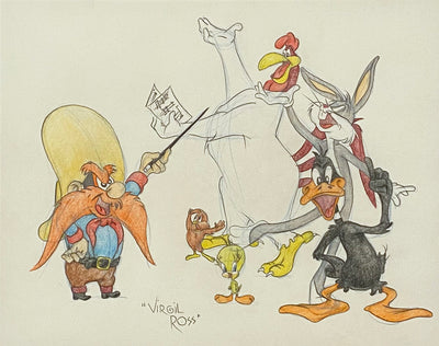 Warner Brothers Signed Virgil Ross Animation Drawing of Yosemite Sam, Foghorn Leghorn, Bugs Bunny, Daffy Duck, Tweety Bird, and Henery Hawk