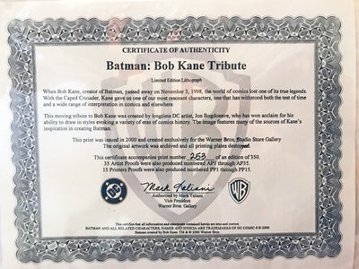 Original Warner Brothers Batman Limited Edition Lithograph, Batman: Bob Kane Tribute