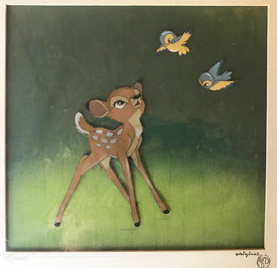 Disney Animation Production Cel Featuring Bambi and Bird On Courvoisier Background