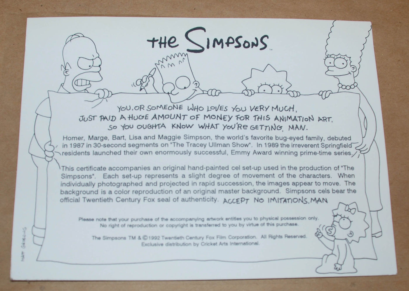 Original Simpsons Production Cel from the Simpsons featuring Homer, Bart, Lisa and Maggie
