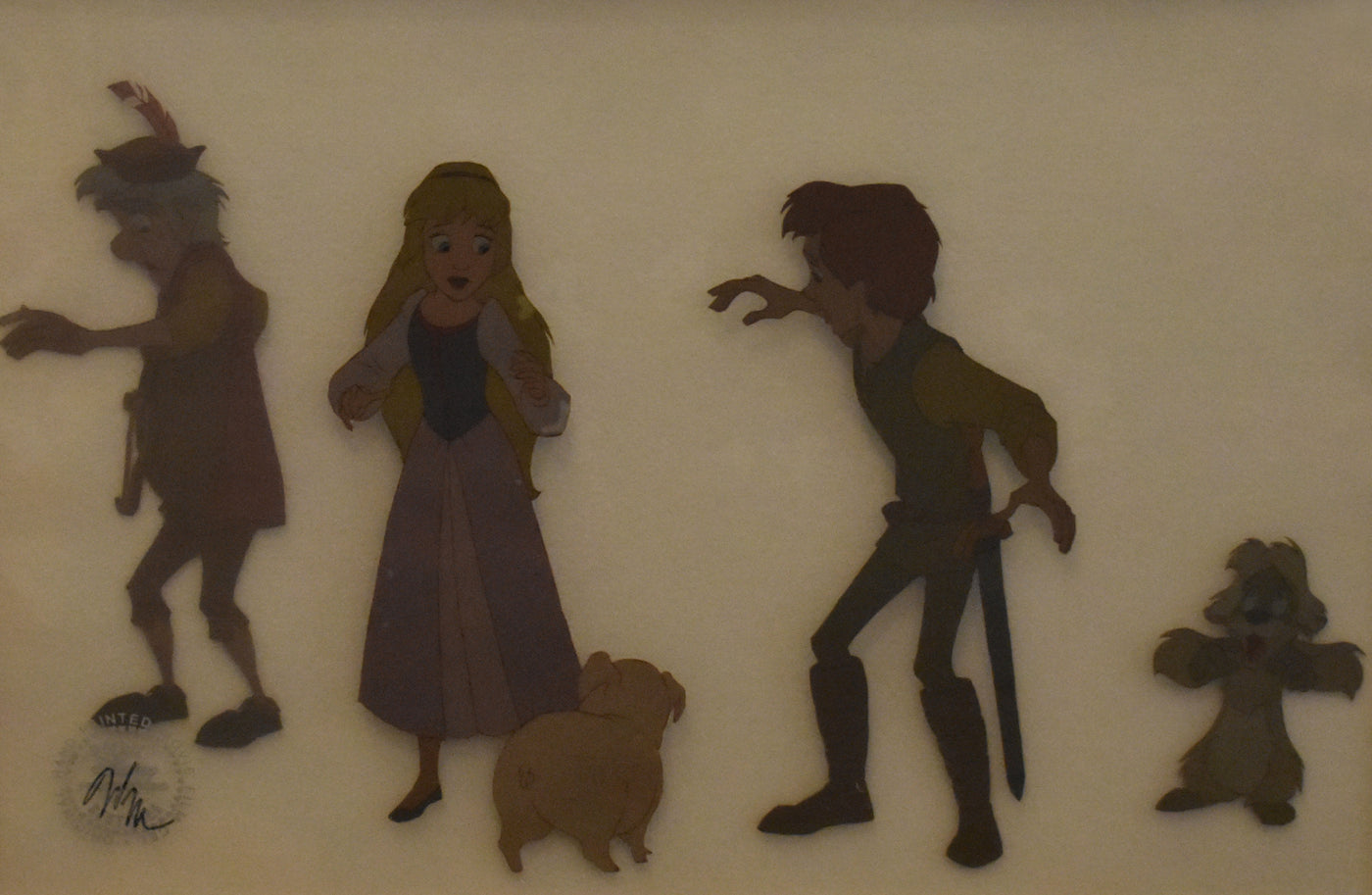 Original Walt Disney Production Cel from The Black Cauldron featuring Taran, Eilonwy, Fflewddur, Gurgi, and Hen Wen