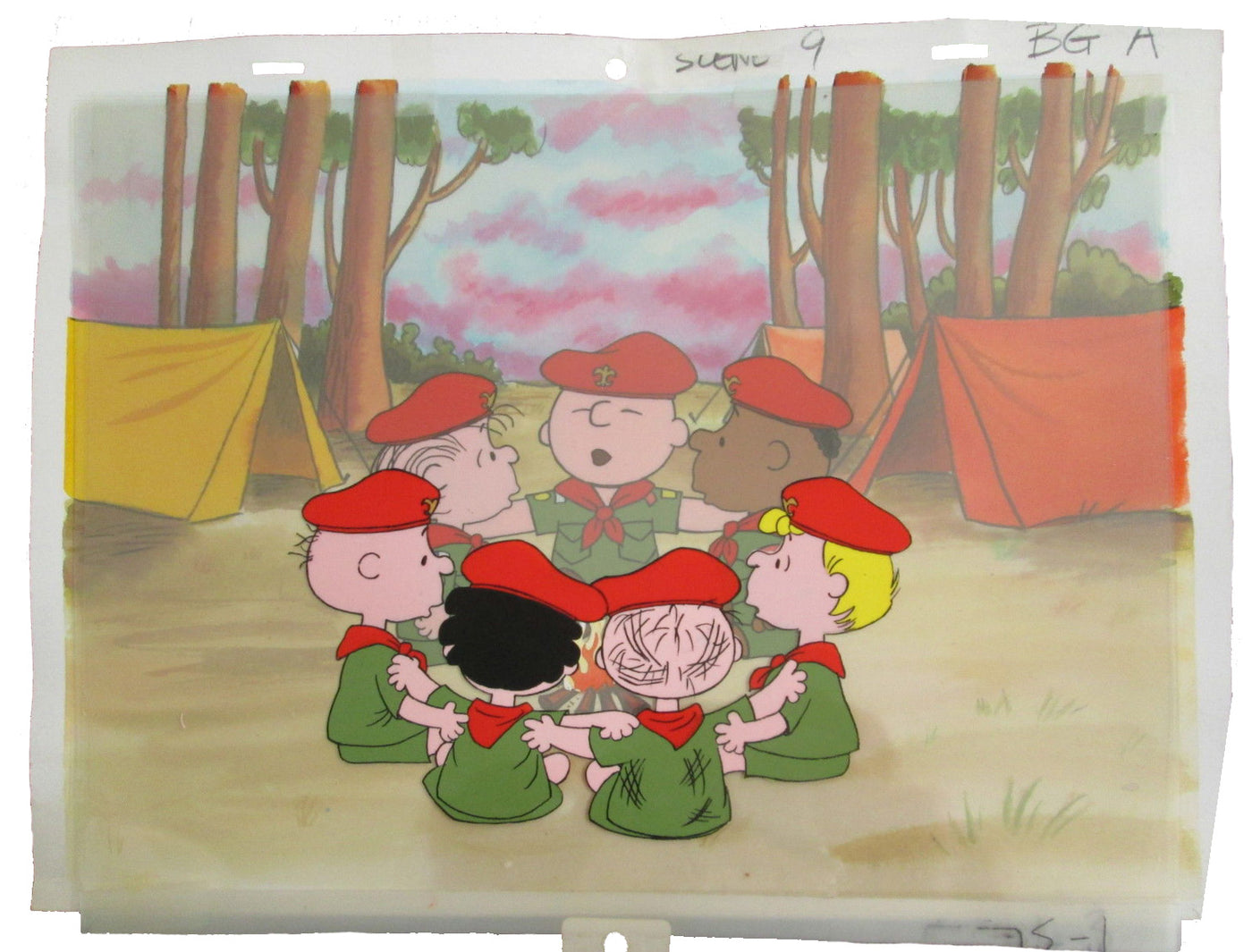 Original Peanuts Production Cel Setup on Production Background featuring Charlie Brown, Linus, Franklin, and Schroeder