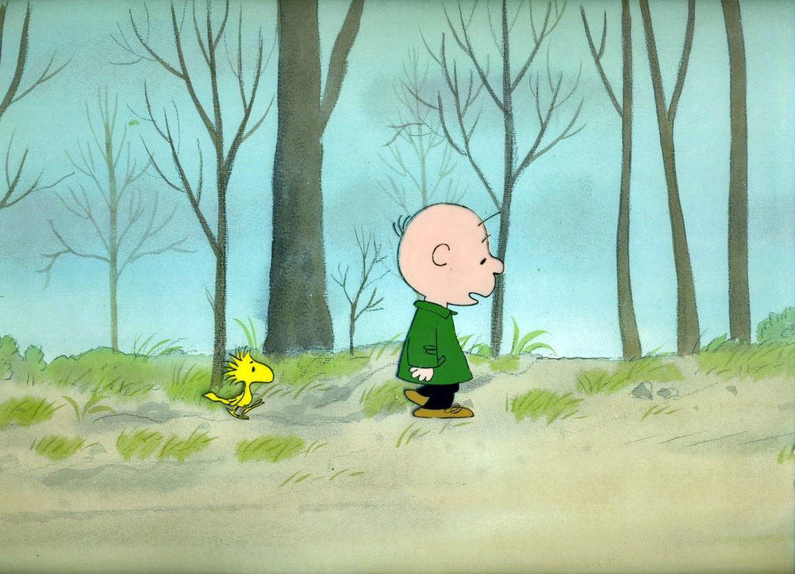 Original Peanuts Production Cel featuring Charlie Brown and Woodstock