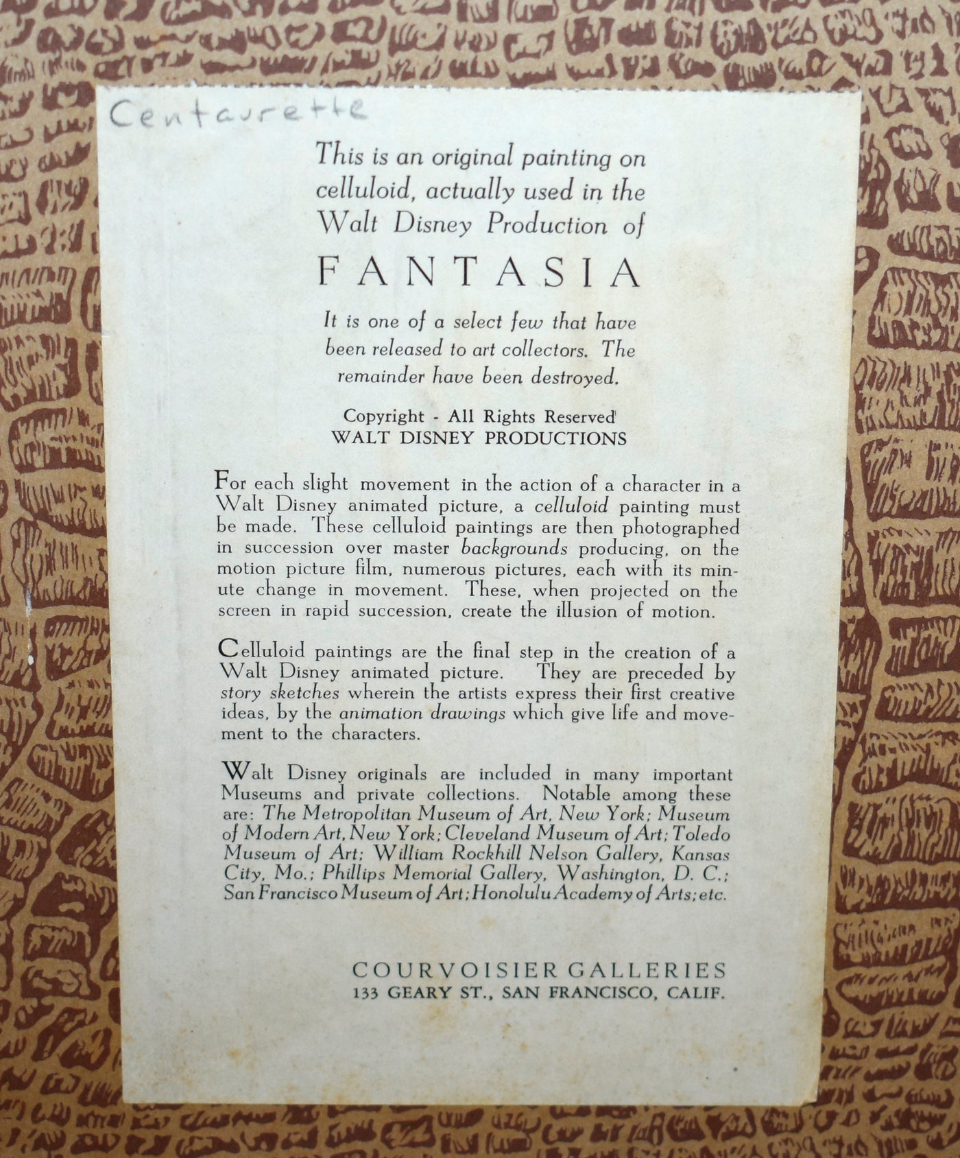 Original Walt Disney Production Cel on Courvoisier Background from Fantasia featuring Centaurette