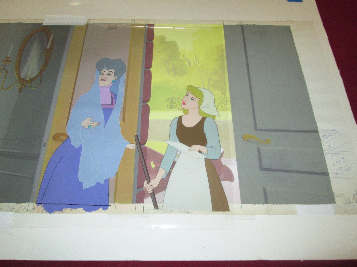 Original Walt Disney Production Cel on Production Background Featuring Cinderella and Evil Stepmother