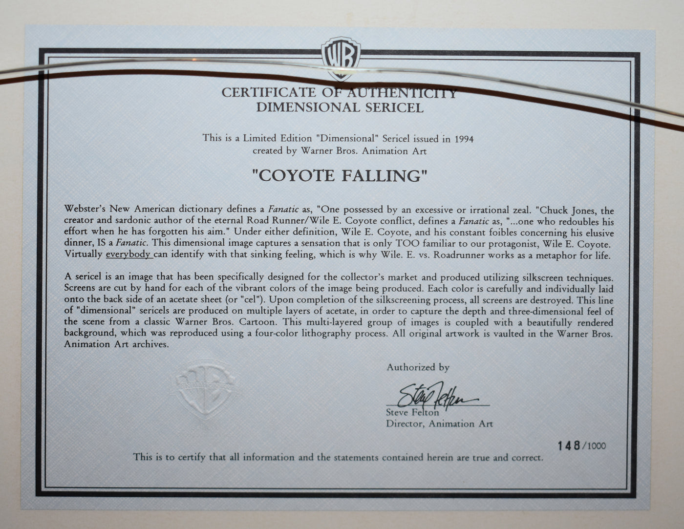 Warner Brothers Limited Edition Dimensional Sericel, Coyote Falling