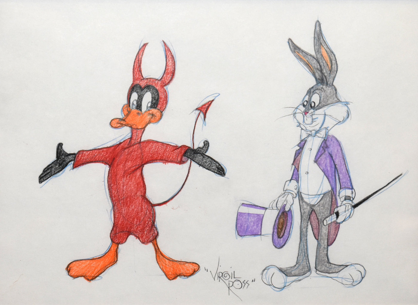 Warner Brothers Virgil Ross Animation Drawing of Daffy Duck and Bugs Bunny