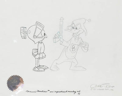 Warner Brother Limited Edition Cel 1/1 with Matching Production Drawing featuring Daffy Duck and Ink Overlay of Marvin the Martian