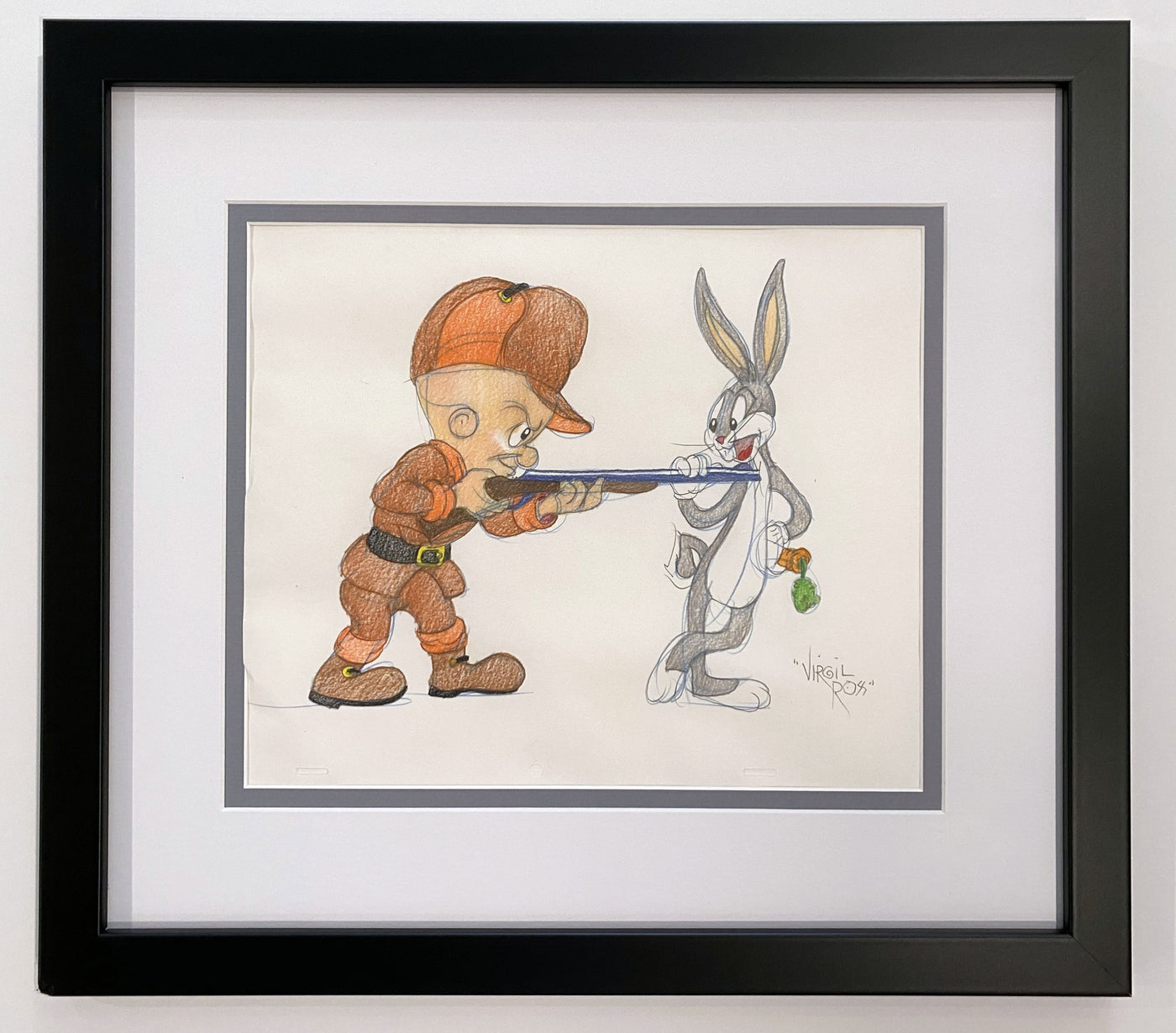 Signed Warner Brothers Virgil Ross Animation Drawing of Bugs Bunny and Elmer Fudd