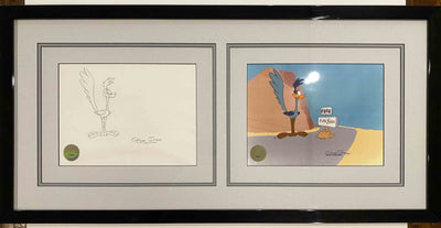 Original Warner Brothers Production Drawing and Matching 1/1 Cel from "Chariots of Fur" Featuring Road Runner Signed by Chuck Jones