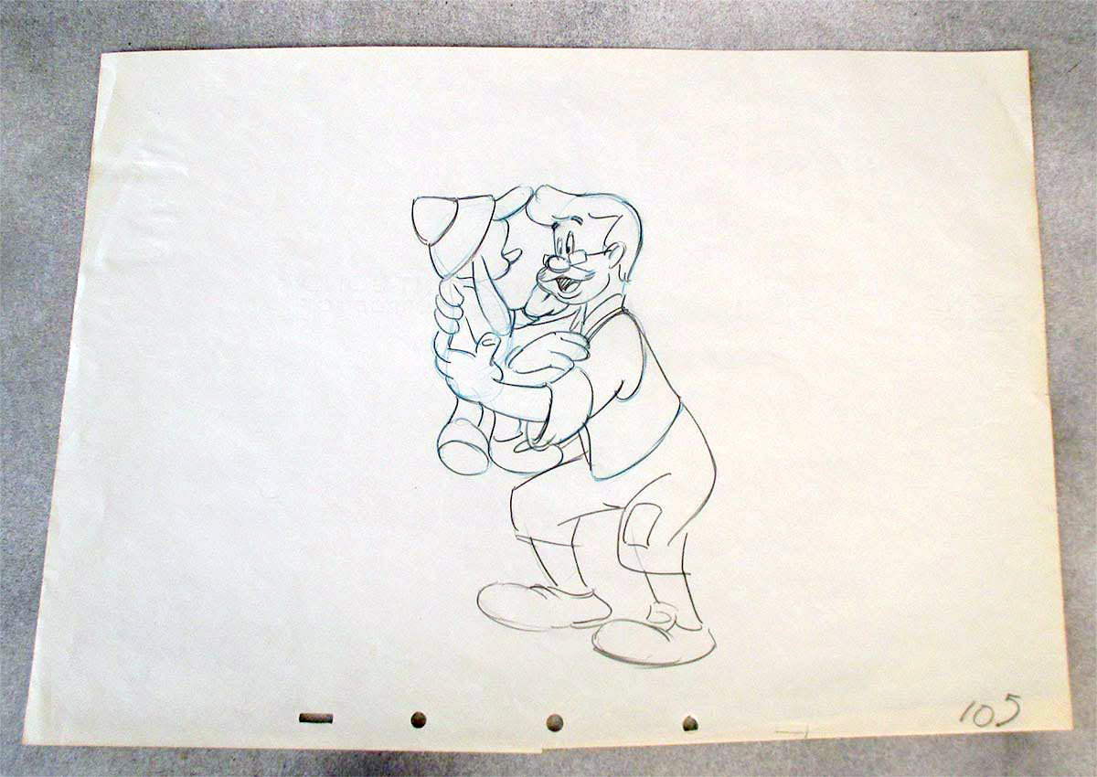Original Walt Disney Production Drawing from Pinocchio featuring Pinocchio and Geppetto
