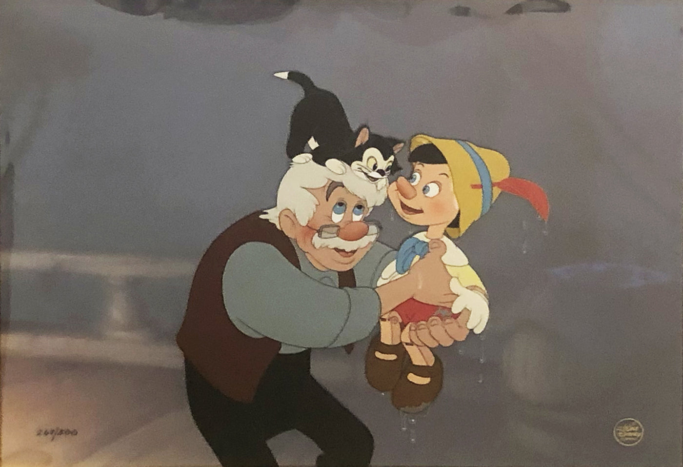 Walt Disney Limited Edition Cel Together Again from Pinocchio, Featuring Pinocchio, Geppetto and Figaro