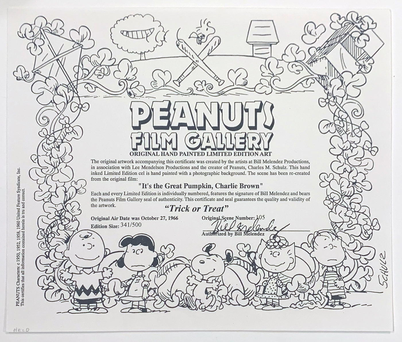 Original Peanuts Limited Edition Cel, Trick or Treat, Signed by Bill Melendez