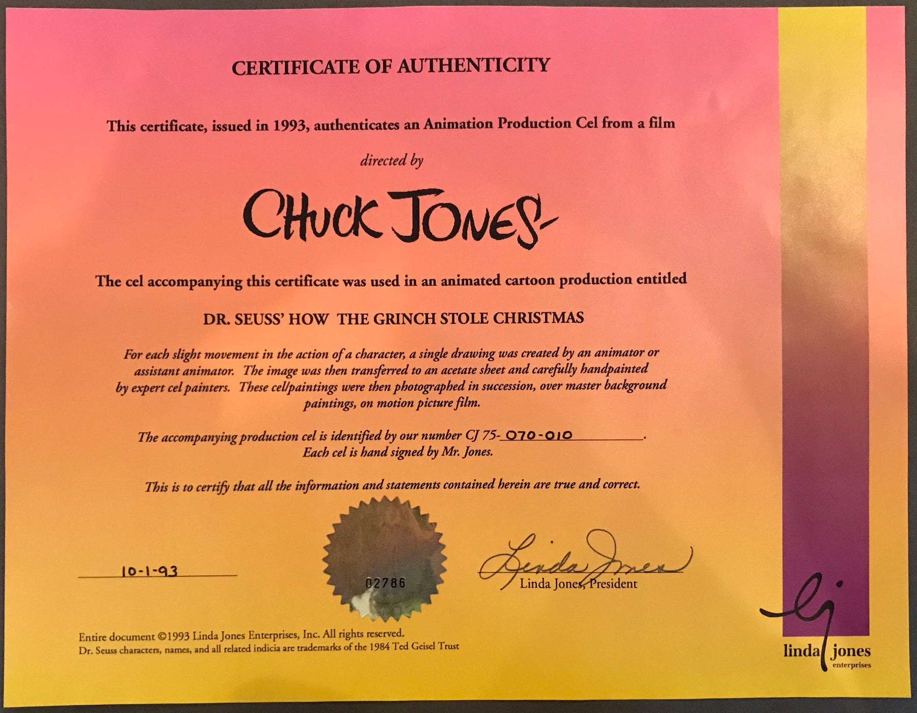 Original Signed Chuck Jones Production Cel Of The Grinch From How The original-signed-chuck-jones-production-cel-of-the-grinch-from-how-the